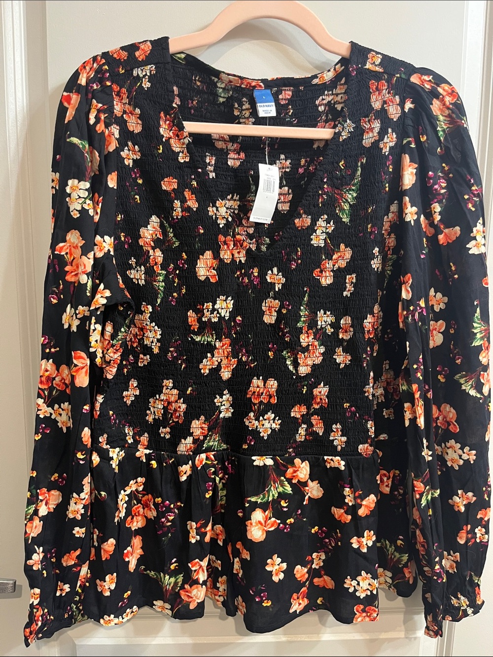Old Navy Black Floral Smocked Peplum Blouse